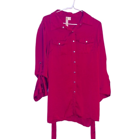 L Diva Red Silky Shirt Button Down Collar Belt Two Front Pockets - Picture 3 of 14